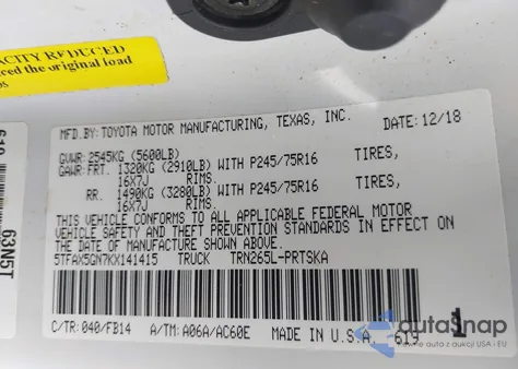 2019 Toyota Tacoma Sr z USA, uszkodzony, nr VIN 5TFAX5GN7KX141415